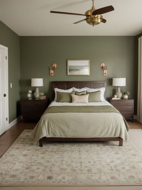 Olive Green Accent Wall, Green Accent Wall, Iconic Furniture, White Bedding, Retro Decor, Accent Wall, Natural Stone, Olive Green, Fan