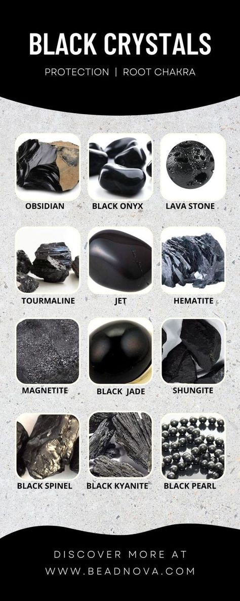 Black Crystals and Gemstones Black Gem Stones, Black Gemstone Jewelry, Black Gem Jewelry, Black Agate Meaning, Black Crystals Aesthetic, Crystals List, Earth Vibes, Black Stone Jewelry, Crystal Identification