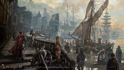 Fantasy Harbor City, Harbor Concept Art, Fantasy Harbor, Pirate Harbor, Dnd Pirates, Harbor Painting, Lineage 2, Fantasy Cities, Greg Rutkowski