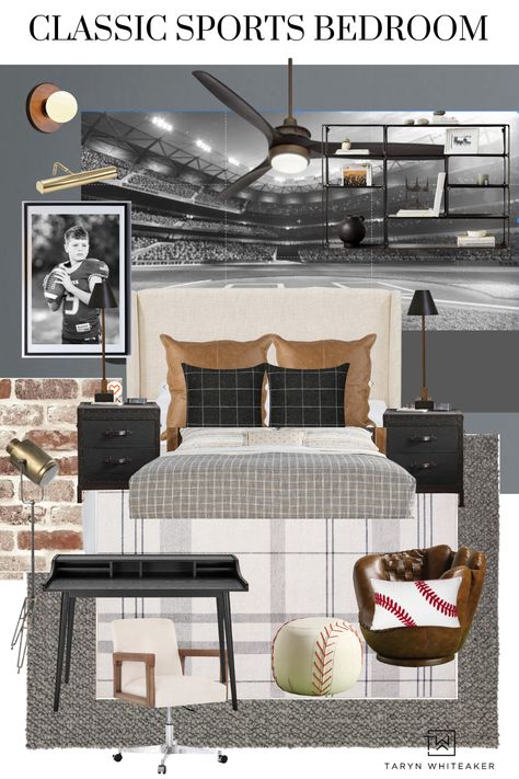 Boys Sports Bedroom Reveal - Taryn Whiteaker Designs Rustic Sports Bedroom, Modern Sports Bedroom, Teen Baseball Bedroom, Sports Room For Boys, Boys Sports Bed, Pottery Barn Boys Room, Moody Boys Room, Baseball Bedroom Paint Colors, Sports Themed Bedroom For Boys