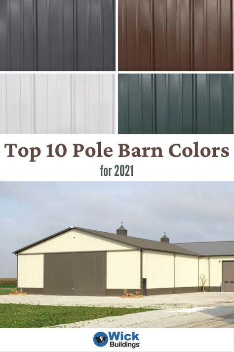 Careful planning is critical for your long-term satisfaction with your pole barn. Just don’t forget that extends to your color choices. Here is our compiled list of the 10 most popular pole barn colors from 2021. Check out what color trends came out on top! Use these color ideas for your next pole barn. Metal Shop Color Schemes, Polebarn Exterior Colors, Metal Building Homes Exterior Colors, Exterior Shop Colors Metal Buildings, Metal Building Exterior Colors Schemes, Metal Siding Colors Exterior, Steel Building Colors, Metal Building Exterior Ideas, Metal Shop Colors