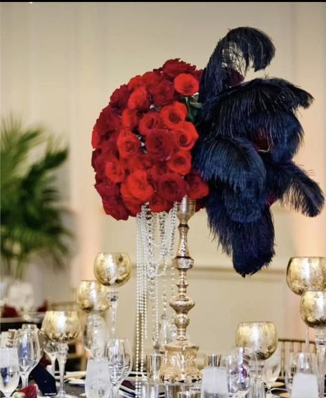 Masquerade Flower Centerpieces, Black Red Gold Centerpieces, Red And Black Party Decorations, Masquerade Centerpiece Ideas, Christmas Masquerade Party, Masquerade Halloween Party, Masquerade Party Centerpieces, Masquerade Party Themes, Burlesque Party