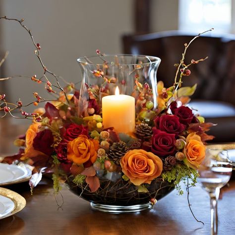 Autumn Flower Table Arrangements, Italy Theme Centerpiece, Red And Orange Centerpieces, Floral Arrangements Thanksgiving, Elegant Fall Wedding Centerpieces Classy, Floral Thanksgiving Centerpieces, Bright And Cheery Floral Arrangement, Fall Wedding Centerpieces For Round Tables, Terracotta Wedding Table Centerpieces