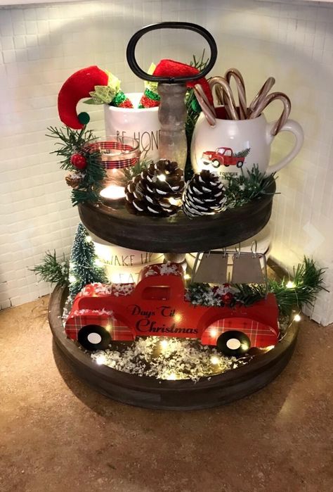 Christmas Tier Tray Decor, Teir Trays Decor Christmas, Christmas Tiered Tray Ideas, Two Teir Tray Christmas Decor, Hot Chocolate Tiered Tray Ideas, Christmas 3 Teir Trays, Christmas Tiered Tray Ideas Hot Cocoa, Hot Cocoa Bar Tiered Tray, Christmas Tray Decor