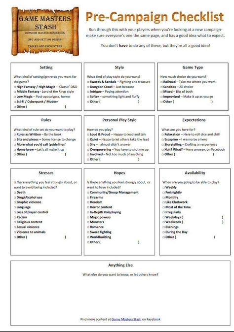 Dungeon Master Resources, 5e Campaign Ideas, D And D For Beginners, Dnd Currency Chart, Dnd Chore Chart, Dungeons And Dragons Beginner Tips, Pre Campaign Checklist Dnd, Dnd Party Meeting Ideas, Dnd Campaign Checklist