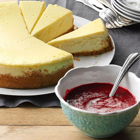 Cheesecake with Berry Sauce Cheesecake With Berry Sauce, Festive Cheesecake, Best Ever Cheesecake Recipe, Cheesecake With Raspberry Sauce, Holiday Cheesecake Recipes, Perfect Cheesecake Recipe, Holiday Cheesecake, Christmas Cheesecake, Dessert Cakes