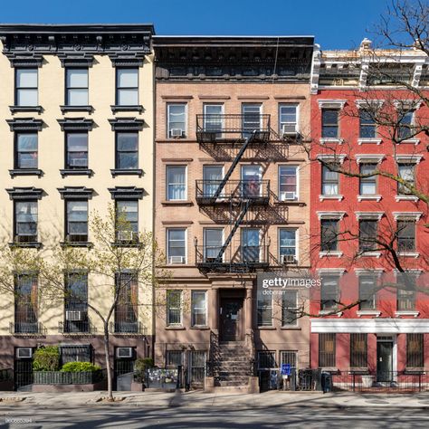 New York Buildings, Apartment Exterior, City Layout, Old Apartments, Fire Escape, Blue Sky Background, New York Apartment, East Village, Old Buildings