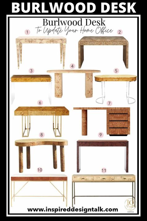 Burl wood art deco design is my favorite trend at the moment. I love burlwood design so much!! Burl Wood Desk, Writing Desk Ideas, Burlwood Desk, Cloffice Ideas Small Spaces, Cloffice Ideas Room Closet, Burl Desk, Burl Wood Console Table, Burl Wood Console, Console Table Ideas