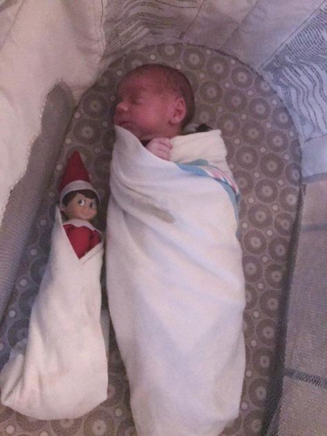 Swaddle the elf and your baby for a cute picture together! Elf On The Shelf For Infants, Elf On The Shelf Ideas For Infants, Christmas Photo Poses, Elf On The Shelf Pictures, Baby Elf On The Shelf, Baby Elf, Poses Photography, Elf On The Shelf Ideas, Baby Christmas