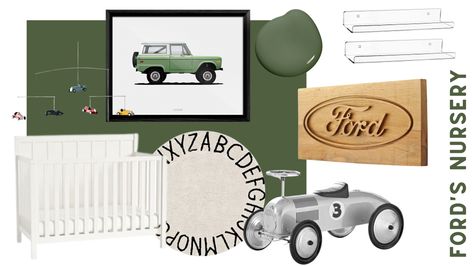 Nursery, Baby, Green, Ford, Ford Motors, Ford Bronco, Car, Car Nursery, Automobile, Vintage Nursery Ali.garlick@icloud.com Ford Nursery Theme, Classic Car Nursery, Vintage Car Nursery Baby Boy, Ford Nursery, Car Theme Nursery, Vintage Car Room, Race Car Nursery, Nursery Mood Board, Boys Car Bedroom