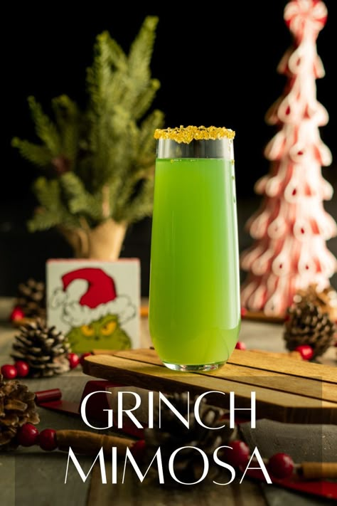 Mr Grinch Cocktail, Whoville Breakfast, Christmas Mimosas Champagne, Grinch Breakfast Party, Grinch Mimosa Recipe, Grinch Brunch Ideas, Grinch Sangria, Grinchmas Brunch, Grinch Sweets