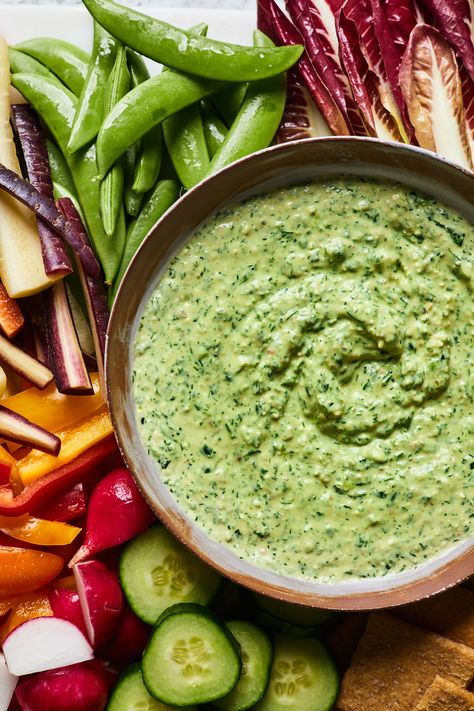 Greek Green Goddess Dip | Olive & Mango Vegan Green Goddess Dip, Green Goddess Recipe Ideas, Green Goddess Protein Dip, Green Feta Dip, Greek Dips And Spreads, Greek Goddess Dip, Roasted Vegetable Dip, Savory Yogurt Dip, Veggie Appetizers For Party