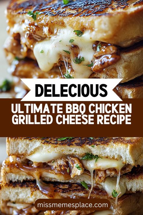 Discover the ultimate BBQ chicken grilled cheese recipe that will tantalize your taste buds! This sandwich is the perfect blend of smoky barbecue chicken and creamy melted cheese, all sandwiched between crispy, golden-brown bread. Ideal for using up leftover chicken, this recipe is not only simple but also incredibly satisfying. Whether you enjoy it as a quick lunch or a cozy dinner, this BBQ chicken grilled cheese is sure to become a family favorite. Bbq Chicken Grilled Cheese, Leftover Bbq Chicken Recipes, Chicken Grilled Cheese, Chicken And Cheese Recipes, Barbecue Chicken Recipe, Grilled Cheese Recipe, Bbq Chicken Sandwich, Grill Cheese Sandwich Recipes, Bbq Sandwich