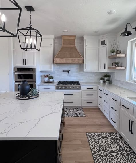 White Cabinets With Black Hardware, Cabinets With Black Hardware, Black Hardware Kitchen, Hardware Kitchen, Black Kitchen Island, Farmhouse Kitchen Design, White Kitchen Design, Kitchen Inspiration Design, Modern Farmhouse Kitchens