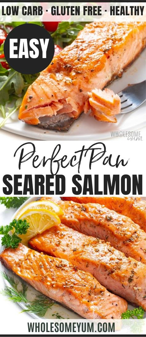 Pan Seared Salmon Plain Salmon Recipe, Salmon In Frying Pan, Pan Fried Salmon Fillet Recipes, Salmon With Skin Recipes Pan Seared, Salmon With Skin On Recipes, Pan Seared Salmon Lemon Butter Sauce, Salmon Recipes Skinless, How To Sear Salmon, Pan Frying Salmon