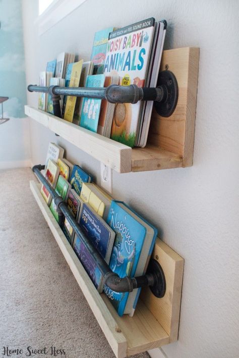 10 Amazing Tutorials for Kids' Room Bookshelves - Six Clever Sisters Rustic Boys Room, Pipe Bookshelf, Kids Room Bookshelves, Room Bookshelf, Industrial Bookshelf, Farmhouse Nursery, Wood Bath, Industrial Bedroom, Industrial Livingroom