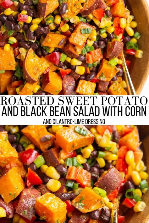 Roasted sweet potato salad Cold Sweet Potato Salad, Sweet Potato Salad Cold, Recipes With Black Beans And Corn, Sweet Potato Black Bean Salad, Black Bean Salad With Corn, Bean Salad With Corn, Salad With Corn, Sweet Potato Salad Recipe, Black Bean Salad Recipe