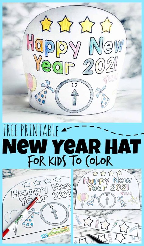 New Years Party Hat Craft For Kids, New Years Eve Hats For Kids, Printable New Years Eve Hats, New Years Activities Preschool Free Printable, Happy New Year Hats Free Printable, New Years Hat Craft For Kids, New Years Hats For Kids, New Years Printables For Kids, Crafts For New Years