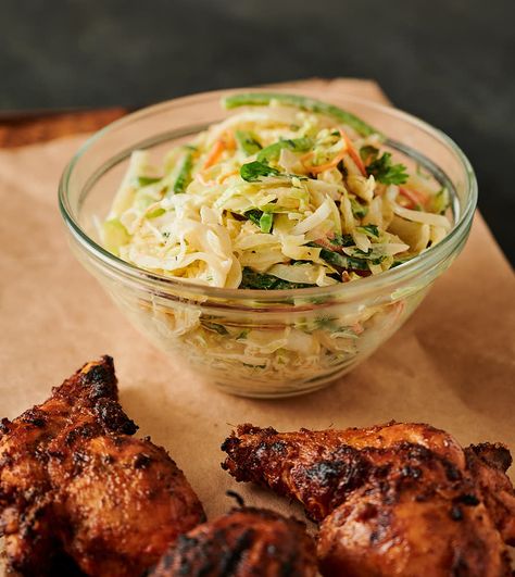 indian slaw - glebe kitchen What To Serve With Tandoori Chicken, Indian Bbq Recipes, Indian Coleslaw, Tandoori Chicken Salad, Indian Sides, Bbq Chicken Marinade, Chili Salad, Tandoori Marinade, Kachumber Salad