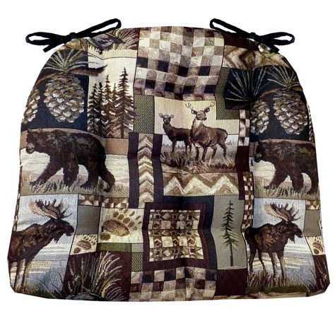 Cabin and wildlife collages in three patterns bring outdoor style to these tufted chair pads made from 55% poly/45% rayon. Reverses to 100% cotton duck. Latex foam fill will not flatten. Made in the USA. Measures 17"W x 15"D x 2½"H each #bear #deer Cabin Chair, Kitchen Chair Pads, White Tail Deer, Ski Lodge Decor, Rustic Dining Chairs, Log Cabin Furniture, Moose Decor, Dining Chair Pads, Black Forest Decor