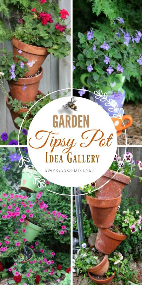 Tipsy Pots Planters Diy, Tipsy Turvy Planter, Tilted Flower Pot Ideas, Stacked Flower Pots Diy Tiered Planter, Topsy Turvy Planter, Flower Pot Tower, Southern Landscaping, Stacked Flower Pots, Pots Flowers