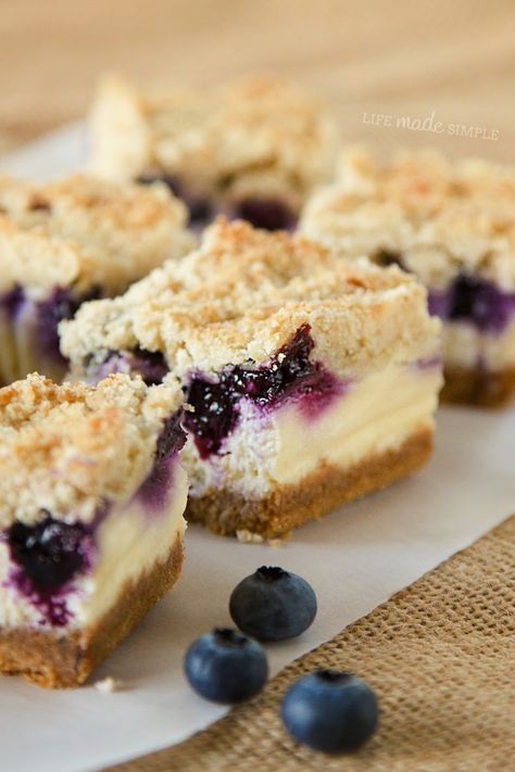 Blueberry Crumble Cheesecake Bars | Life Made Simple. These were delicious. Next time, I would double the blueberries and omit the topping. Blueberry Crumble Cheesecake, Crumble Cheesecake, National Cheesecake Day, Life Made Simple, Lemon Cheesecake Bars, Cheesecake Bar Recipes, Blueberry Crumble, Blueberry Recipes, Lemon Cheesecake