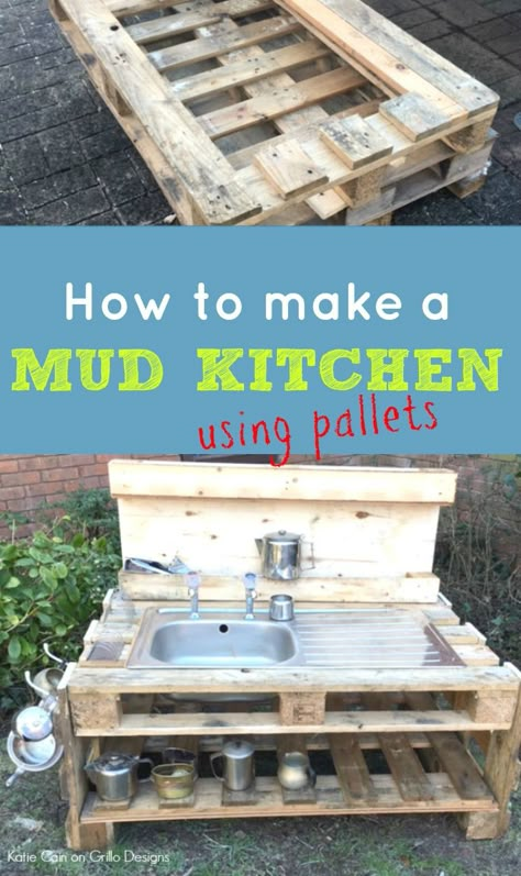 Katie shares how to make a mud kitchen for the kids using pallets! Making A Mud Kitchen, Wood Pallet Mud Kitchen, Mud Kitchen Working Sink, Mud Kitchen For Kids, Mud Kitchens, Pallet Kitchen, Fairy Theme, Pallets Diy, Kids Mud