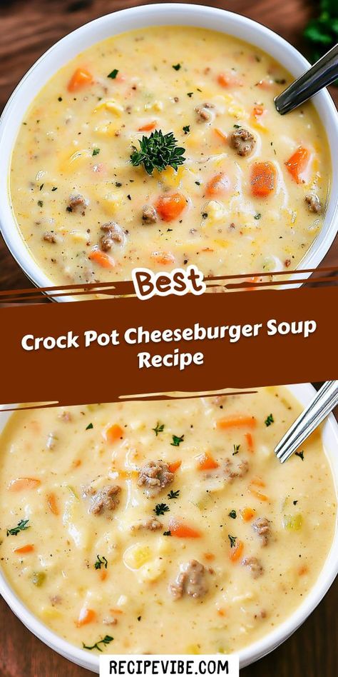 Searching for a unique twist on traditional soups? Our Crock Pot Cheeseburger Soup Recipe offers the rich flavors of cheeseburgers in a warm, comforting bowl! Perfect for busy schedules, this dish is a hit with all ages. Save this recipe so you can whip it up anytime! Crockpot Cheeseburger Soup With Velveeta, Dump Crockpot Soup, Creamy Cheeseburger Soup Crockpot, Cheese Burger Soup Crockpot, Fall Soup With Ground Beef, Crock Pot Chowder Recipes, Cheeseburger Crockpot Soup, Easy Soup Recipes Crockpot Healthy, Ground Chuck Soup Recipes