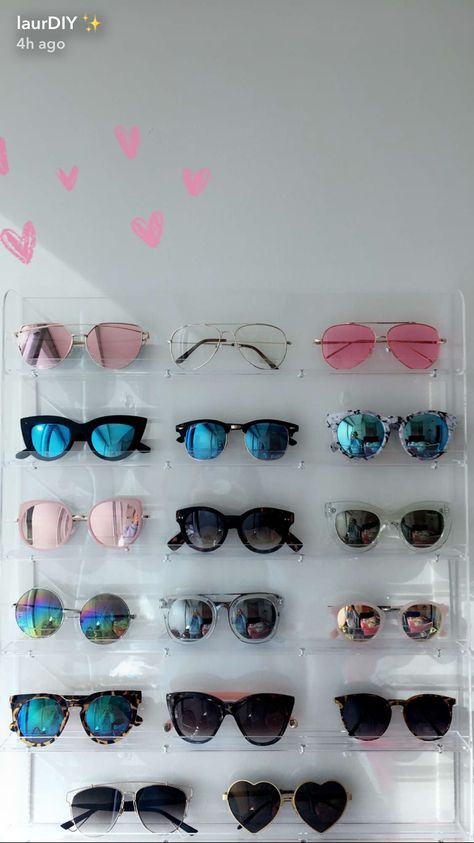 Sunglasses collection storage Sun Glasses Storage Ideas, Sun Glasses Organization Ideas, Sunglass Collection, Sunglasses Organization Ideas, Sunglasses Collection, Sunglasses Storage Closet, Sunglasses Rack, Glasses Storage, Sunglasses Wall Display