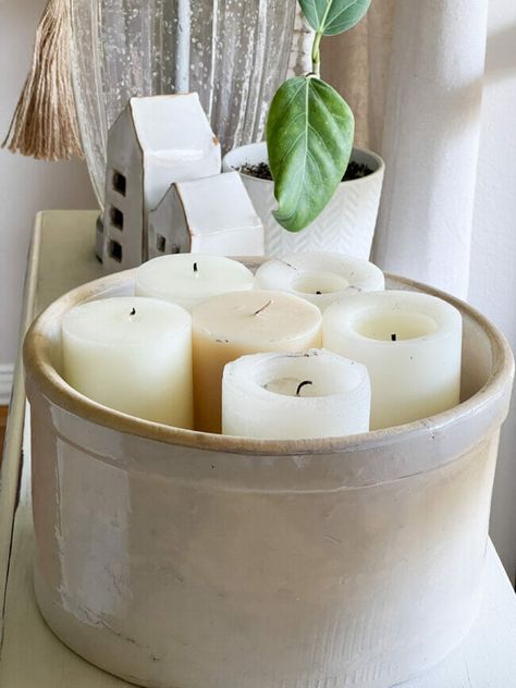 Candle Grouping Ideas, Decorating Crocks For Fall, Decorating With Large Crocks, Vintage Crock Decorating Ideas, Crock Display Ideas, Bowl Display Ideas, Candle Decor Ideas Living Rooms, Stoneware Crock Decor Ideas, Decorate With Crocks