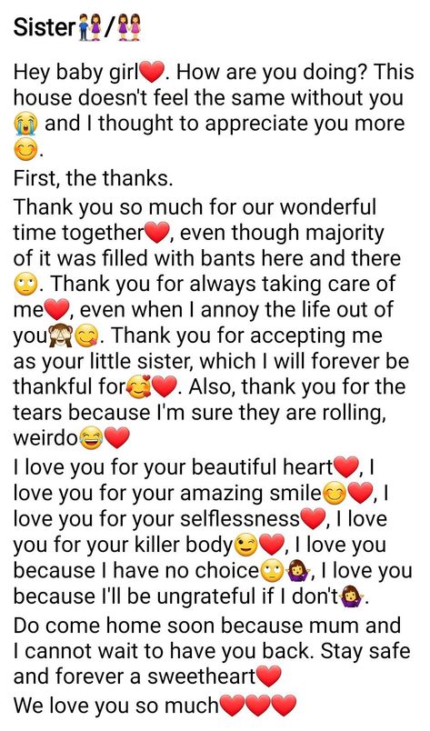 Letter to a sister👭/👫 Letter To Sister Birthday, Happy Birthday Sister Letter, Text For Sister, Sister Birthday Paragraph, Happy Birthday Note For Sister, Love Letter For Sister, Sister Paragraphs, Message For Sister On Her Wedding, Letter To Sister On Birthday