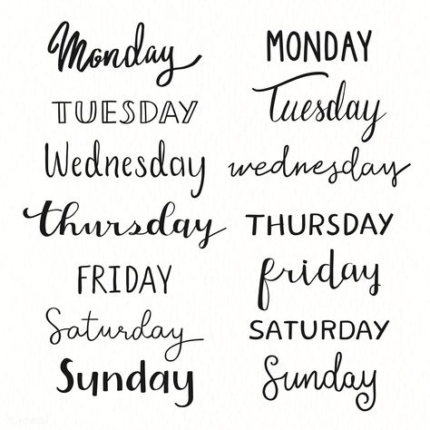 Weekdays typography collection vector | premium image by rawpixel.com / Minty Week Days Calligraphy, Weekdays Calligraphy, Days Of The Week Font, Days Of The Week Lettering, Bullet Journal Font, Lettering Guide, Journal Fonts, Alfabet Letters, Typography Alphabet