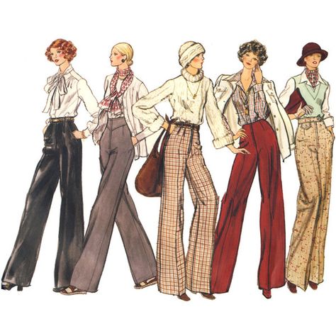 Vintage 1970s pants pattern, high waist trousers, Vogue 1275, bell... (30 BAM) ❤ liked on Polyvore featuring pants, backgrounds, people, decor, drawings, illustrations, pleated palazzo pants, dress pants, fold over palazzo pants and high waisted bell bottom pants 1970s Pants, Flare Pants Pattern, 70s Vogue, Women Pants Pattern, Vintage Fashion Sketches, 1970s Sewing Patterns, High Waist Trousers, Vintage Dress Patterns, Basic Design