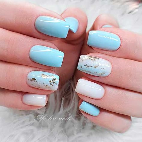 Cute Light Blue Nails, Baby Shower Nails Boy, Boujie Nails, Blue Gold Nails, Violet Nails, White Gel Nails, Blue And White Nails, Blue Gel Nails, Teal Nails