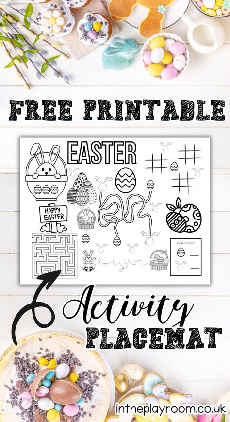 Free printable Easter activity placemat for kids - In The Playroom Kids Easter Printables, Free Easter Activity Printables, Free Printable Kids Placemats, Easter Placemats Printable, Easter Matching Game Free Printable, Easter Inspiration Decor, Printable Easter Activities, Activity Placemat, Easter Gathering