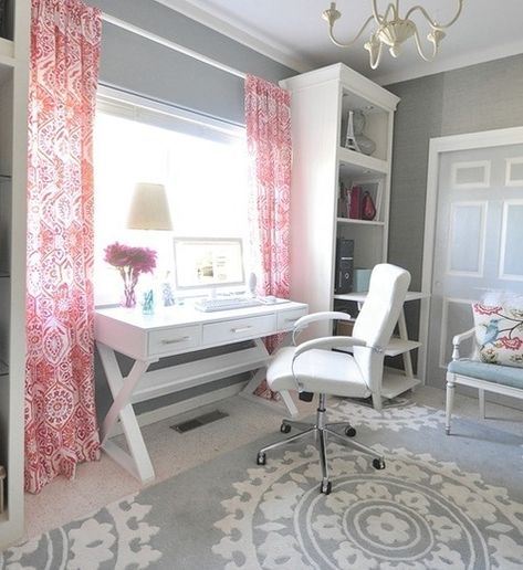 Love this color scheme. White, grey and hot pink! Like the desk under the window Futurist Architecture, White Office Chair, Teen Girl Bedroom, Bohol, Home Office Space, Bedroom Designs, Office Inspiration