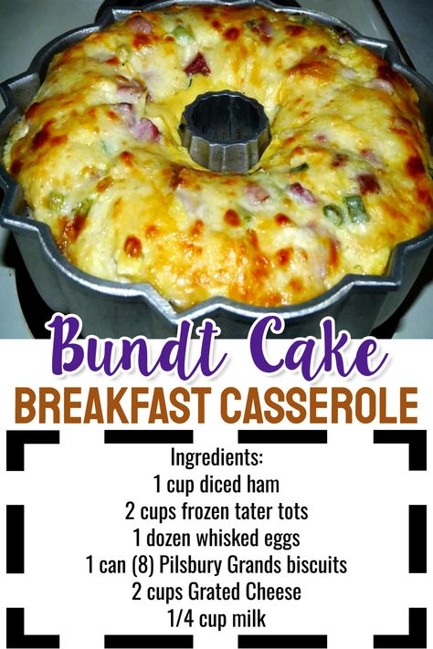 Make ahead breakfast for a crowd - easy bundt cake breakfast casserole recipe - Easter brunch, mother's day, fathers day, feeding a crowd, overnight guests, christmas morning Breakfast For A Crowd Make Ahead, Breakfast Bundt Cake Recipes, Bundt Cake Breakfast, Breakfast Bundt, Brunch Ideas For A Crowd, Ham Breakfast Casserole, Breakfast Bundt Cake, Brunch Casserole Recipes, Make Ahead Brunch Recipes