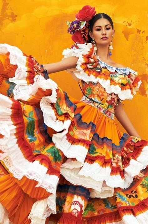 Mexican Folklore Dress, Spanish Traditional Dress, Mexican Dresses Traditional, Spanish Style Dress, Jalisco Dress, Folklorico Dresses, Outfit Mexicano, Traditional Mexican Dress, Magnolia Pearl Clothing