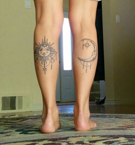 Sun And Moon Tattoo Back Of Leg, Sun Calf Tattoo, Sun Moon Calf Tattoo, Sun And Moon Tattoo On Back Of Arms, Sun Moon Leg Tattoo, Sun And Moon Calf Tattoo, Sun And Moon Foot Tattoo, Sun And Moon Leg Tattoo, Calf Tattoos For Women