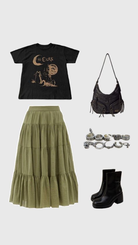 Skirt and band tee with boots outfit Band Tee And Skirt Outfit, Band Tee Outfits Grunge, Band Tees Outfits Grunge, With Boots Outfit, Band Tee Outfits, Tee Outfits, Grunge Outfit, Tee Outfit, Boots Outfit