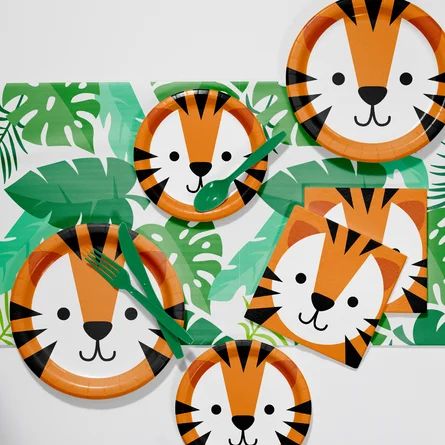 Creative Converting Tiger Party Supplies Kit for 8 Guests | Wayfair Tiger Dessert, Tiger Party, Tiger Birthday Party, Forest Birthday Party, Party Supply Kits, Tiger Birthday, Forest Birthday, Orange Party, Jungle Birthday