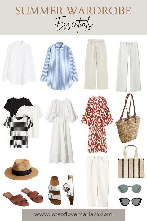 13 Basic Summer Wardrobe Essentials You Must Own — Lots of Love Mariam Summer Wardrobe Capsule, Beach Capsule Wardrobe, Natural Clothing Style, Clothes Capsule Wardrobe, White Summer Outfits, Capsule Wardrobe Women, Spring Summer Capsule Wardrobe, Vacation Outfits Women, Fashion Capsule Wardrobe