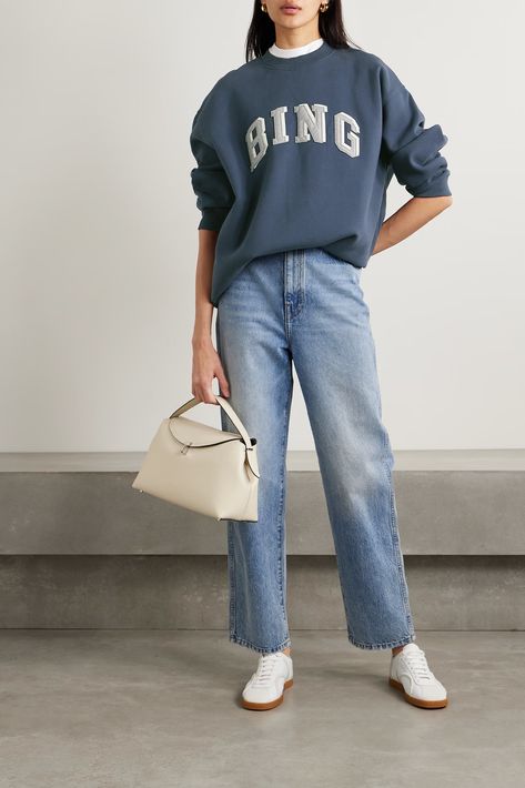 Best Sweatshirts | SheerLuxe Crew Sweatshirt Outfit, Sweatshirt Outfit Chic, Anine Bing Sweatshirt Outfit, Oversized Crewneck Outfit, Gray Sweatshirt Outfit, Graphic Sweatshirt Outfit, Anine Bing Sweatshirt, Jeans White Sneakers, Oversized Sweatshirt Outfit