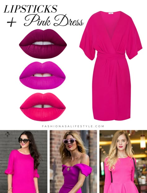 #choose color lipstick #lipstick Lipstick For Pink Outfit, Makeup With Bright Pink Dress, Hot Pink Dress Nail Ideas, Lipstick For Hot Pink Dress, Makeup With Fuschia Dress, Makeup For Bright Pink Dress, How To Match Lipstick To Outfit, Lipstick According To Dress Color, What Color Goes With Pink Outfit