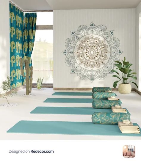 Yoga Centre Design Ideas, Home Yoga Meditation Room, Yoga Center Design, Spa Room Design, Reiki Room Ideas, Meditation Room Design, Sala Yoga, Spiritual Room Decor, Yoga Meditation Space