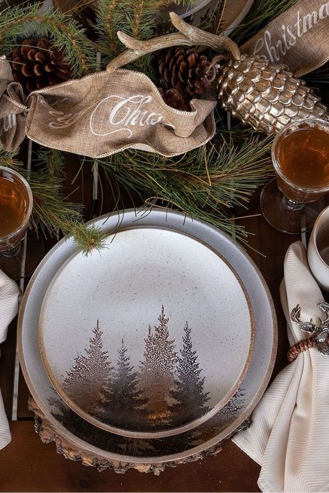 Rustic Dinnerware Set: Portraying a familiar winter scene of a pine forest, this dining set features a neutral palette of chocolate, cream, and taupe that blends well with a modern cabin-inspired home. Dinnerware Sets Rustic, Rustic Bedding Sets, Rustic Dinnerware, Log Home Living, Farmhouse Pottery, Rustic Retreat, Rustic Bedding, Winter Cabin, Traditional Rustic