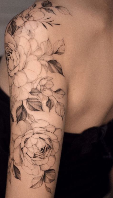 Cap Sleeve Tattoos, Half Sleeve Tattoo Template, Feminine Shoulder Tattoos, Shoulder Cap Tattoo, Unique Tattoos For Women, Floral Tattoo Shoulder, Tattoo Placements, Strength Tattoo, Tattoo Templates