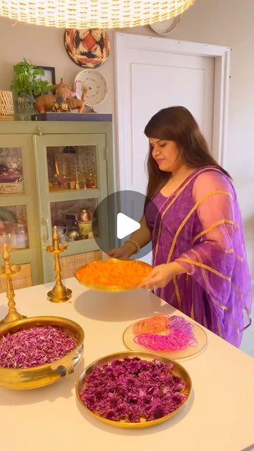 Sumati Jumrani on Instagram: "9 Days of colourful DIYs/ Day 9 : Purple 

On this special and final day 9th day of Navratri, embrace the divine energy of the color purple with a radiant floral rangoli! 🌸💜 Symbolizing peace and spirituality, purple brings grace to your celebrations. You can create this stunning design using a circular cardboard base for perfect symmetry and adorn it with your choice of fresh flowers, bangles, and diyas, adding that magical festive touch. Place it near your Pooja setup to enhance the sacred atmosphere or at your entrance to welcome love, light, and blessings into your home. And why stop there? This beautiful rangoli idea is perfect for Diwali too, making your doorstep a beacon of joy and prosperity! ✨🌸💫 

[NavratriDay9, PurpleElegance, FloralRangoli, Fest Decoration With Bangles At Home, Diwali Decoration With Flowers, Rangoli Ideas With Flowers, Diwali Flower Rangoli Ideas, Colourful Rangoli Designs Diwali, Diwali Flower Decorations At Home, Flower Rangoli Decoration Ideas, Rangoli Designs With Flowers For Diwali, Diwali Pooja Setup