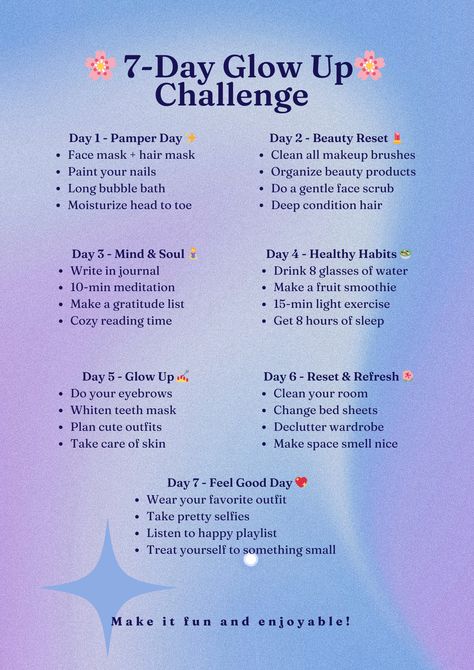 A glow up 7 days challenge infographic showcasing essential Glow Up Fast Tips on a calming blue-purple background. For those learning How To Start A Glow Up, it presents seven themed days with four daily tasks each, building toward an Ultimate Glow Up. Features comprehensive self-care activities from skincare to mental wellness, decorated with cherry blossoms and encouraging emojis. Concludes with 'Make it fun and enjoyable! Glow Up Realistic, 5 Day Glow Up Challenge, 2025 Glow Up List, How To Have A Glow Up In 2 Weeks, Life Glow Up Aesthetic, 7 Days Glow Up Challenge, Week Glow Up, How To Glow Up In 3 Days, Glow Up Steps