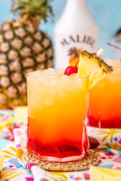 Malibu Sunset Drink is a tropical cocktail made with pineapple juice, coconut rum, and homemade grenadine syrup for the perfect summer drink! Sunset Drink Recipe, Homemade Grenadine, Rum Drinks Recipes, Malibu Drinks, Sunset Restaurant, Sunset Drink, Malibu Sunset, Fun Summer Drinks, Perfect Summer Drink